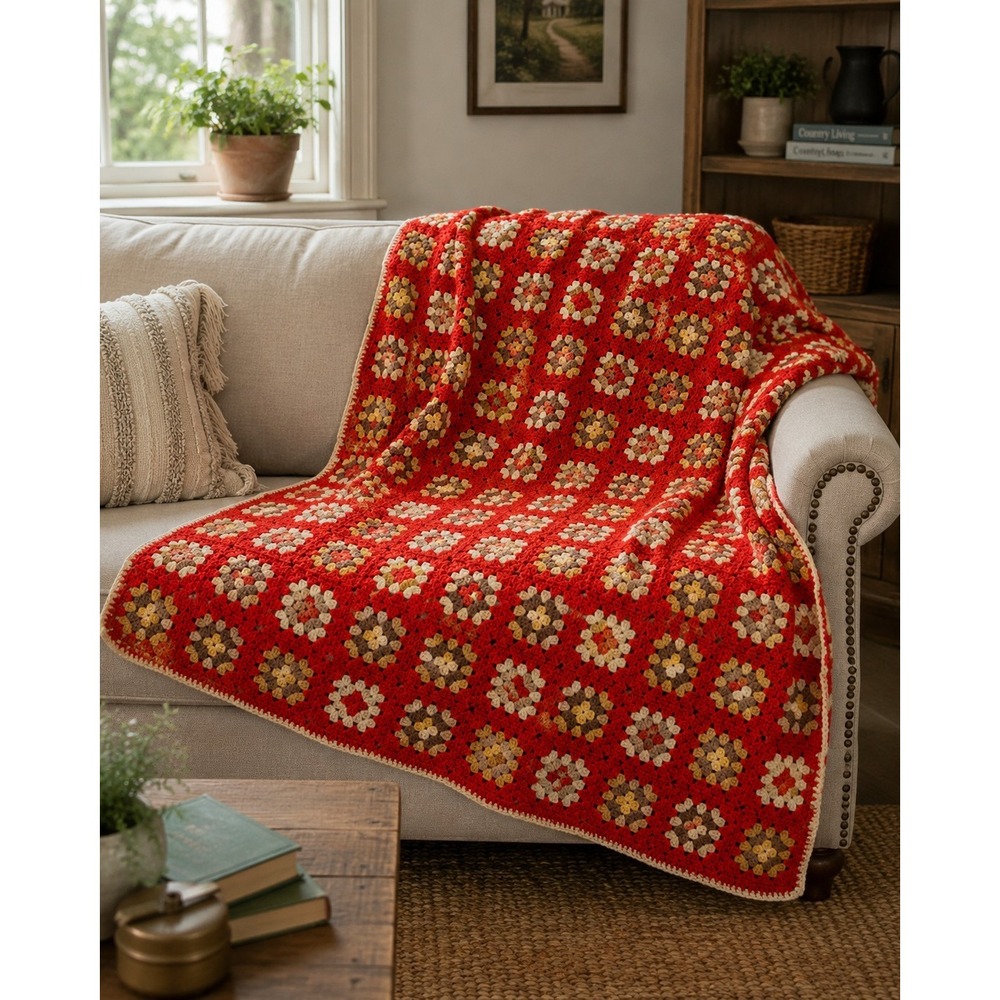 Vintage Handmade Granny Square Crochet Throw Blanket Red Brown Cream 60" x 47"